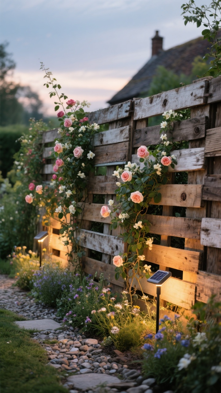Photorealistic wide shot of a rustic garden fence made from stacked, mostly intact pallets set vertically, showcasing mixed board widths, visible knots, and varied patinas for a curated, collected look. Climbing roses and jasmine begin to twine through the slats like natural trellises. Solar uplighting stakes at the base wash warm light upward at dusk, emphasizing texture and grain. Cottage-core garden setting with crushed stone path and wildflower border, shot from a slight corner angle to show depth, no people.