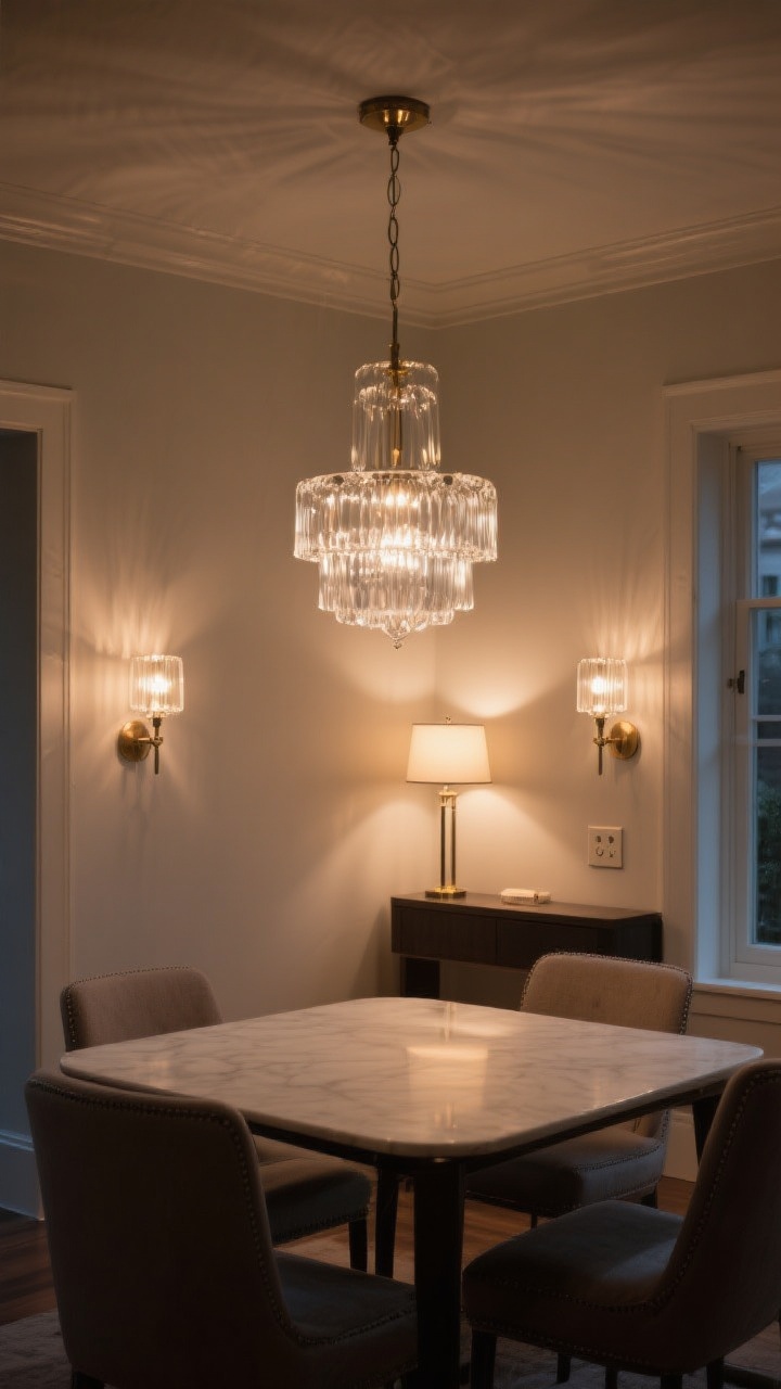 Photorealistic wide shot of a small dining room layered with lighting: a glass (clear or lightly smoked) chandelier pendant centered 30–36 inches above the table, matching wall sconces that cast a soft, flattering glow, and a petite lamp on a slim console for accent lighting. Include visible dimmer switches and warm, moody evening illumination. The pendant’s transparency keeps sightlines open; the overall scene feels bigger, warmer, and luxe without clutter.