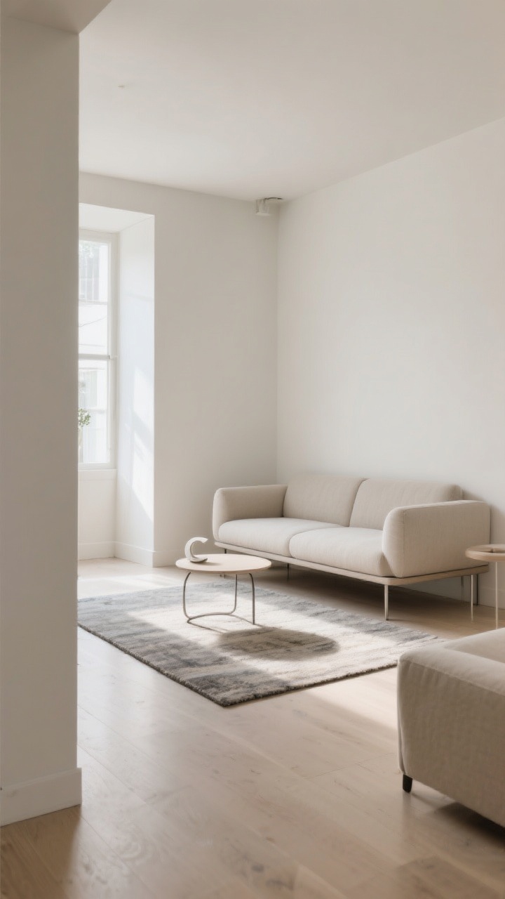 Photorealistic wide shot of a small living room where the slim, exposed-leg sofa is floated away from the walls, a compact rug anchors the seating zone, and a petite C-shaped side table replaces a bulky coffee table; clear walking path visible between furniture and walls; light neutral palette with airy feel; natural daylight streaming in, emphasizing visual space under the sofa; camera positioned from a corner angle to show depth and the defined zone
