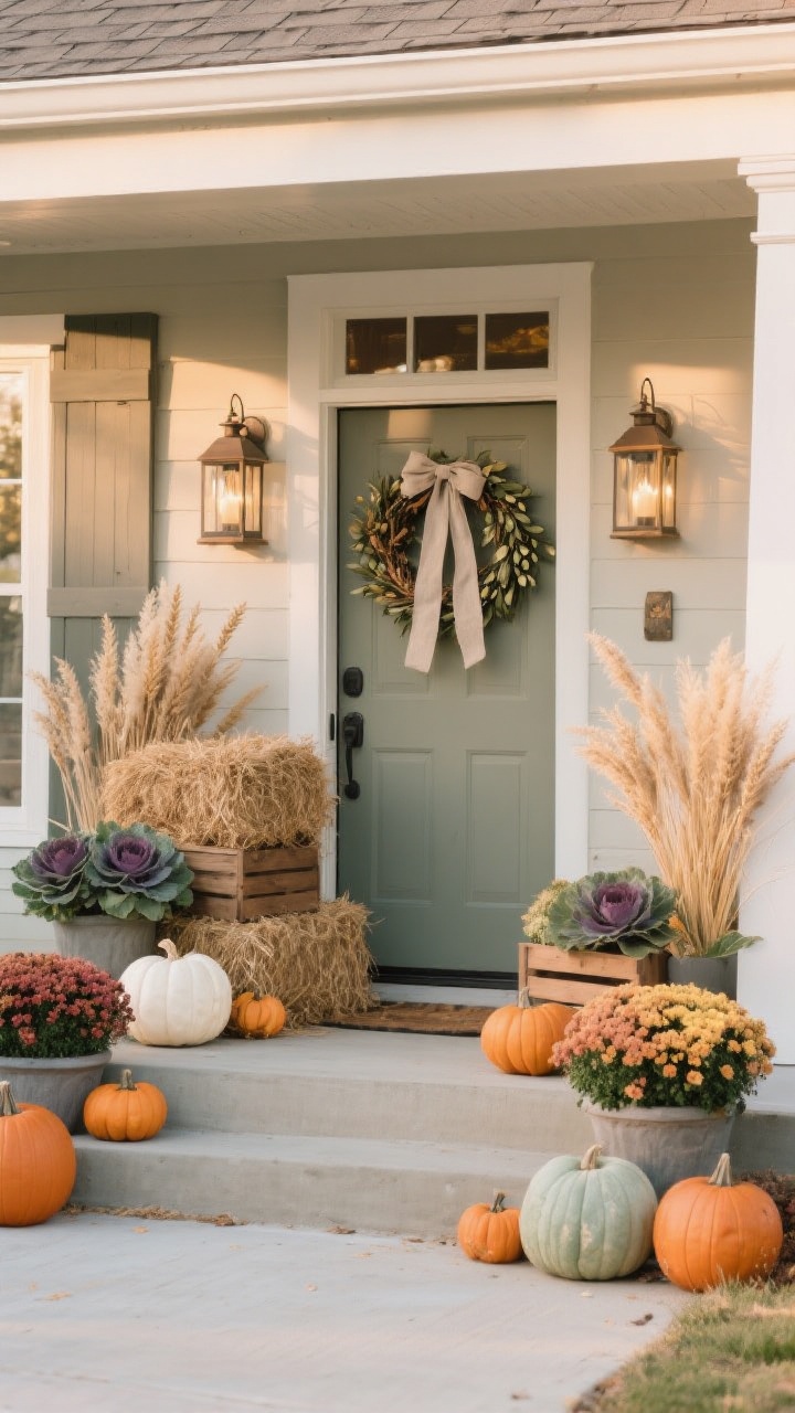 Photorealistic wide shot of a tasteful fall porch: layered planters with mums, ornamental cabbage, and grasses flanking the door; pumpkins in muted tones (white, sage, dusty orange) scattered with restraint; one big statement lantern plus two medium lanterns for balance; a single stacked hay bale or wood crate for height; dried wheat or olive-branch wreath with a linen ribbon on the door; tight 2–3 hue palette; soft outdoor late-afternoon light; straight-on curb appeal view