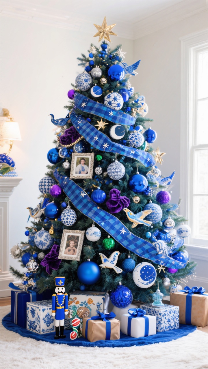 Photorealistic wide shot of a vibrant blue maximalist Christmas tree bursting with pattern and personality. Core colors: cobalt, cornflower, sapphire, with pops of royal purple and emerald. Mixed metals: silver and gold together. Patterns: blue plaid ribbon and star-printed ribbon layered in loose, crisscrossed swoops; chinoiserie/Delft tile-print ornaments; celestial moons and stars. Scale mix: oversized blue baubles, medium patterned pieces, and tiny charms including mini frames with family photos. Whimsical accents: velvet birds, glass candy, mini nutcrackers in blue uniforms, and hand-painted travel ornaments. Balanced repetition of colors/patterns around the tree. Base: simple solid blue or white tree skirt to ground the look. Lighting: warm white for cozy glow. Perspective: slightly elevated corner angle to show the full tree and under-tree styling with coordinated navy, silver, white, and kraft-wrapped gifts with blue ribbon. Lively, collected, party-like mood, no people.