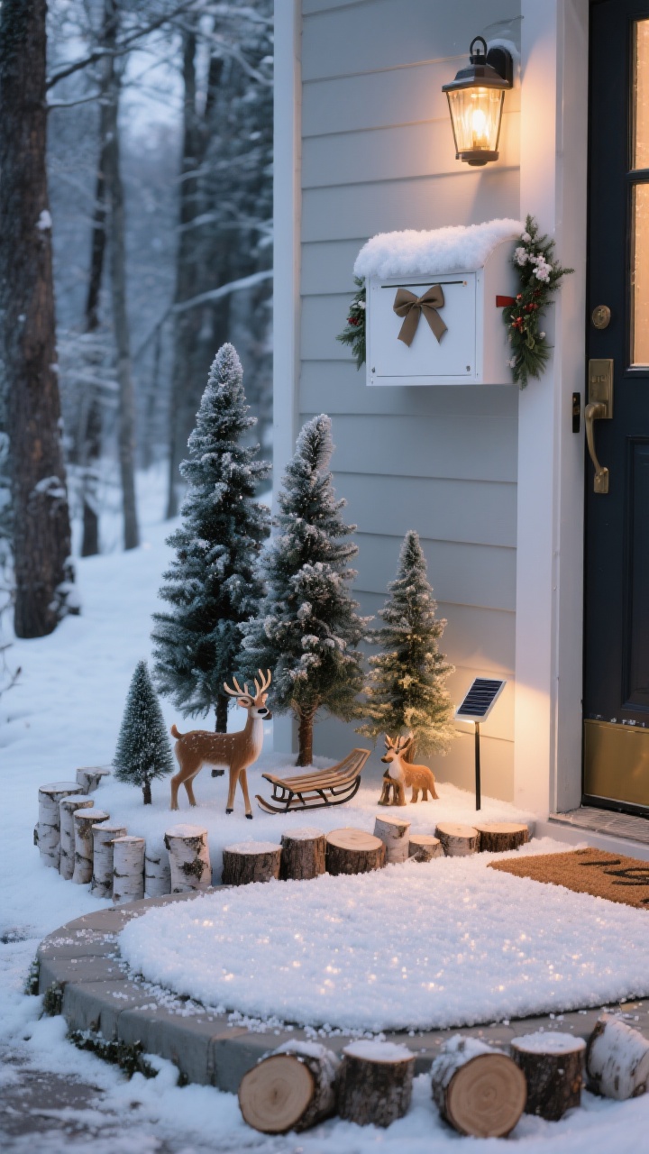Photorealistic wide shot of a winter woodland vignette at the base of a mailbox. The ground zone is defined by a half-circle doormat covered with a white outdoor-safe board topped by a weather-resistant faux snow blanket and a light sprinkle of Epsom salt for frosty sparkle. The edge is bordered with small logs and birch slices. A cluster of 3–5 bottlebrush trees in staggered heights sits mid-scene, accompanied by a few charming woodland figurines (deer and a tiny sled), arranged to avoid clutter. Up on the mailbox, a small coordinating garland and bow echo the colors below. A small LED lantern provides warm nighttime glow; optional solar stake light nearby. Subtle gaps at the back for drainage. Twilight ambience with gentle shadows, straight-on wide perspective, no people.