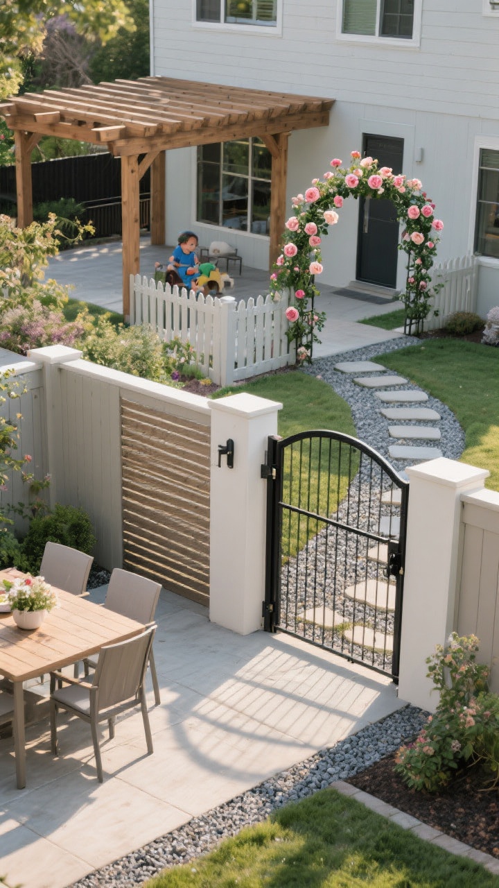 Photorealistic wide shot of backyard zones created with partial fencing and gates: a dining nook defined by two sides of a 4–5 ft partial fence under a wood pergola; a modern horizontal-slat gate with concealed latch as an entry; a separate low picket rail enclosing a kid/pet area visible beyond; an arched arbor gate draped with climbing roses marking a gravel path; black steel accent gate framing echoes the main fence; sightlines preserved from house windows; stepping stones and compacted gravel where foot traffic flows; late-afternoon light, clean hardware, and cohesive materials; captured from an elevated corner angle to show spatial planning and circulation.