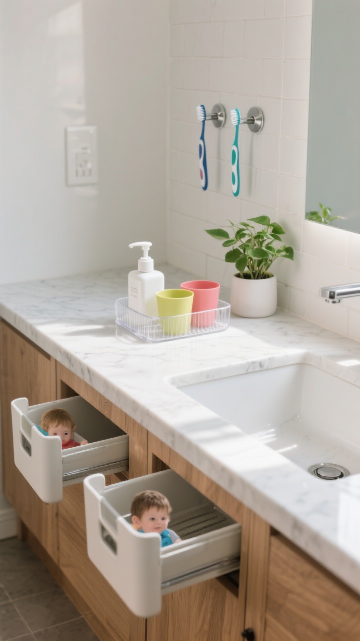 Photorealistic wide shot of clutter-proof countertops: a non-slip acrylic tray grouping soap dispenser, two colored rinse cups, and a small green plant; magnetic/suction toothbrush holders mounted to the backsplash to free counter space; two portable under-sink caddies (one per kid) pulled halfway out for visibility. White quartz counter, sealed wood accents, everything wipe-clean, gentle afternoon light, styled-not-scattered look, straight-on perspective.