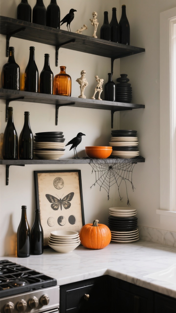 Photorealistic wide shot of open kitchen shelves styled haunted but refined: rows of black and amber glass bottles interspersed with small bone and crow figurines, neatly stacked charcoal and cream dishes accented with a pop of pumpkin orange bowls, a leaned vintage-inspired print of moths and moon phases, and a single restrained drape of tiny faux webbing on one shelf. Color palette: black, cream, orange accent. Soft, natural side light; straight-on view to showcase balanced arrangement.