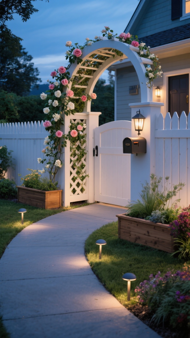 Photorealistic wide shot, slightly elevated angle of a garden-ready picket fence with built-ins, styled as a destination: main fence run at 36–42 inches, stepping up to 48 inches at the gate for emphasis. An arbor/pergola arch over the gate supports a trellis panel with climbing roses and jasmine; integrated narrow cedar planter boxes between posts hold herbs and seasonal color. A stout post near the entry displays a classic mailbox with a matching lantern. Path alignment: the gate lines up with the front door, with a gentle curving walkway for flow. Evening blue-hour ambiance with layered lighting: solar post caps glowing softly, low-voltage path lights along the walkway, and discrete uplights aimed at the arbor for drama. No people.