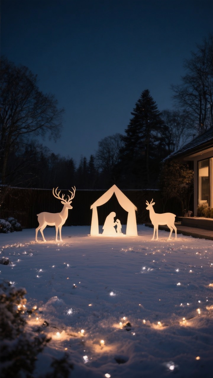 Photorealistic wide yard scene at night with tasteful statement figures: a minimalist arrangement featuring a timeless reindeer duo and a silhouette nativity, spaced with generous negative space; all figures lit in a single warm light temperature for cohesion; low, twinkly ground lights strewn like sparkling snow to ground the scene; theme set to woodland-classic; clean composition with a dark, calm sky; camera at low eye level to give figures presence without clutter.