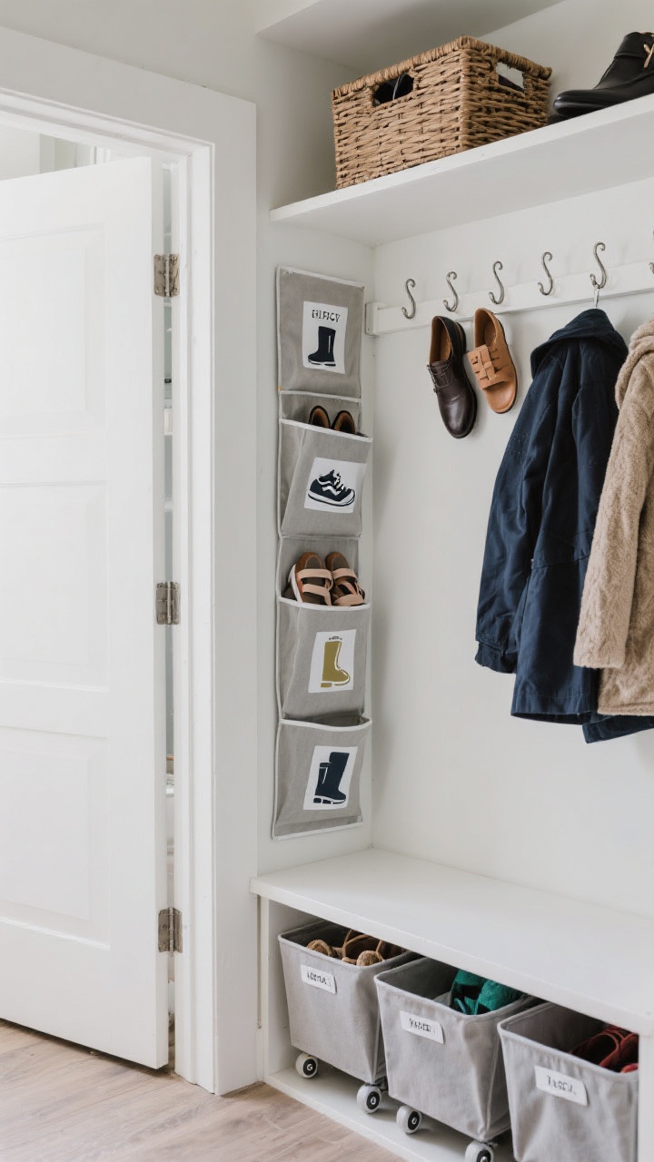 Small-space vertical storage detail: Corner angle showing an over-the-door shoe organizer trimmed to kid height with labeled pockets (icons for sneaker, boot, sandal), a narrow tower shelf with one column per kid, and a wall-mounted rail with S-hooks holding lightweight shoes to keep floors clear; under-bench rolling trays made from shallow bins with stick-on casters partially pulled out; a high shelf basket in a coat closet for dress shoes; cool, even lighting, emphasizing verticality and under/over utilization.