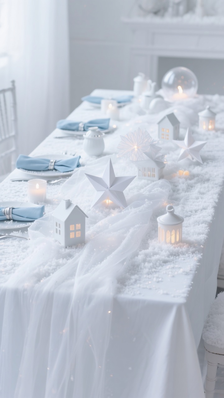 Soft, airy wide shot of a monochrome white “snow” tablescape: gauzy runner or layered cheesecloth drifting down the center; white paper honeycombs and folded paper stars in varied sizes, some with tiny battery lights tucked inside for a gentle glow; porcelain tea light houses and simple white votives sprinkled along the scene; a dusting of faux snow (or coarse sea salt) for crystalline texture; one cool accent note—icy blue napkins or slim silver ribbon; cool-to-neutral white lighting for a dreamy snow-globe feel.