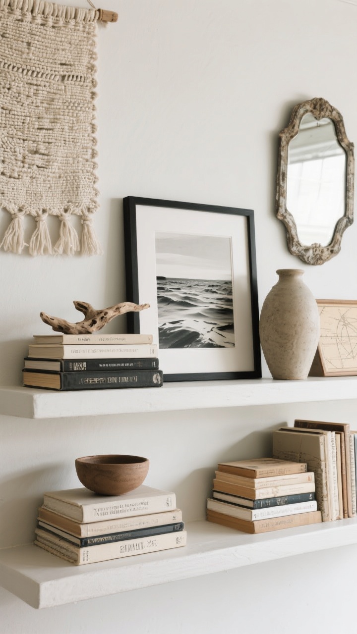 Straight-on detailed shelf styling scene mixing art, books, and heritage pieces: staggered stacks of books (some horizontal with a small ceramic or driftwood piece on top), a framed black-and-white coastal photograph, an abstract seascape by a local artist, and a vintage nautical chart in a weathered frame; a woven wall textile hung beside the shelf for soft texture, an antique mirror catching light; varied heights (tall unglazed vase, low clay bowl), intentional negative space; muted coastal palette, soft daylight, no mass-produced slogans.