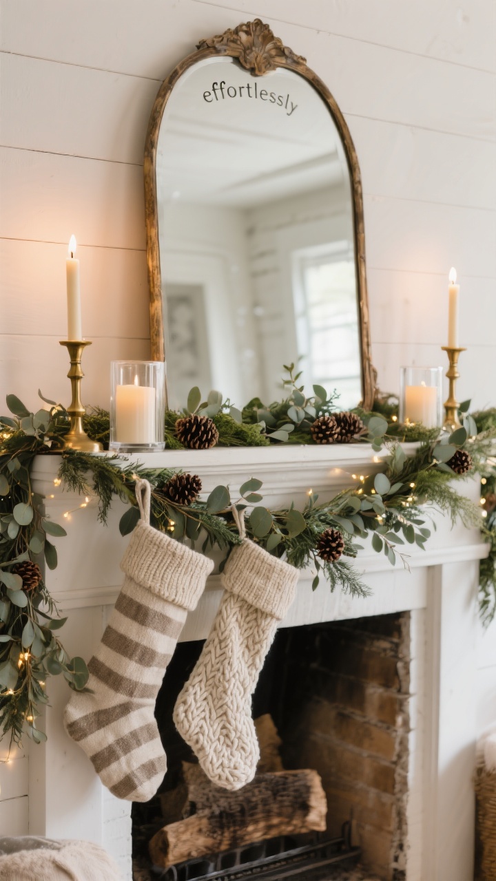 Straight-on mantel view — An “effortlessly” styled farmhouse fireplace: lush garland layered with eucalyptus and pinecones draping asymmetrically, cable knit and linen stockings (including grain-sack stripe) hanging with a tight neutral palette, a vintage mirror centered above as the focal piece, brass candlesticks with warm taper candles and a couple of pillar candles in clear hurricanes; tiny battery fairy lights tucked into the greens for a soft magical glow; warm, cozy lighting.