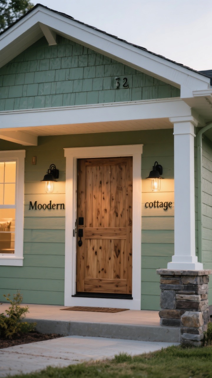 Straight-on medium exterior showcasing a cohesive cozy color palette combo: “Modern cottage” scheme with sage siding, cream trim, a natural wood door, and black accents (sconces, house numbers); include satin/low-lustre sheen on siding and semi-gloss on trim for subtle contrast; warm evening glow from porch lighting to enhance warmth; add small cedar accent and stone base hints for depth; photorealistic paint texture and color accuracy.