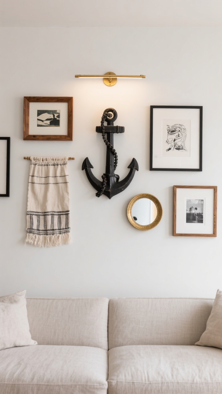 Straight-on medium shot: A curated gallery wall around a central anchor piece, mixing black, wood, and brass frames with 2–3 inches spacing; includes art prints, a textile hanging, a small round mirror, and a couple of photo frames; a slim brass picture light mounted above the anchor piece adds a refined glow, balanced composition over a neutral sofa