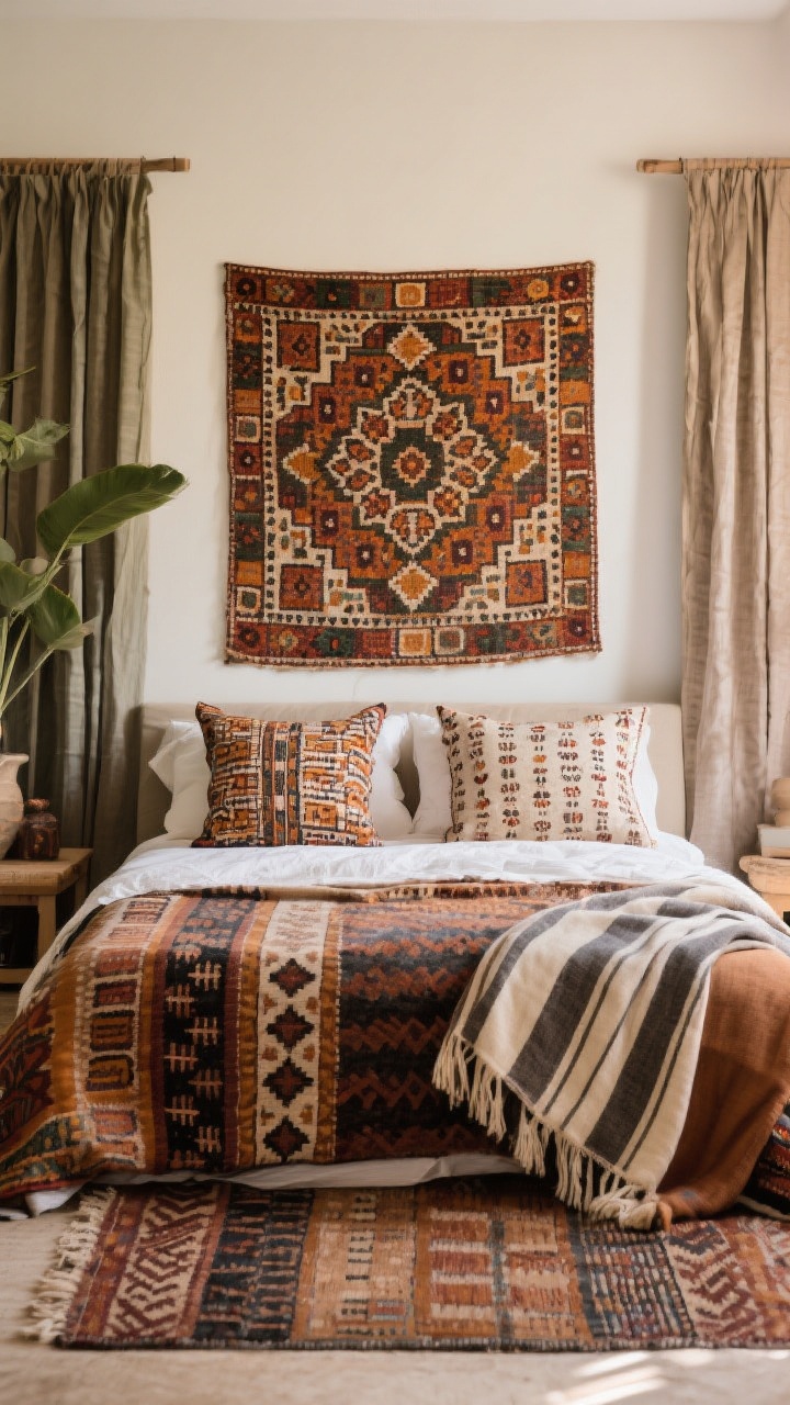 Straight-on medium shot focused on balanced patterns: one hero pattern in a bold suzani or block-printed duvet or a striking kilim rug; two supporting smaller-scale prints in pillows or shams (kantha stitching, subtle block print); grounding solids in throws and curtains to calm the mix; a slim striped pillow or blanket acting as a peacemaker tying colors together. Earthy tones with a cohesive color thread, soft natural light. No people.