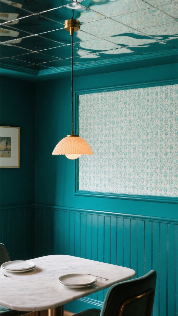 Straight-on medium shot: Jewel-box vibe with saturated walls in deep teal, balanced by a lighter, reflective ceiling. Two-tone trick: lower wall (wainscot) in a darker teal, upper wall a softer, lighter tone of the same family. A subtle, small-scale patterned wallpaper panel or mural on one accent wall adds depth. Warm pendant light ensures the darker hues feel luxe, not closed-in. Minimal art and a simple table setting to showcase the bold color and refined mood.