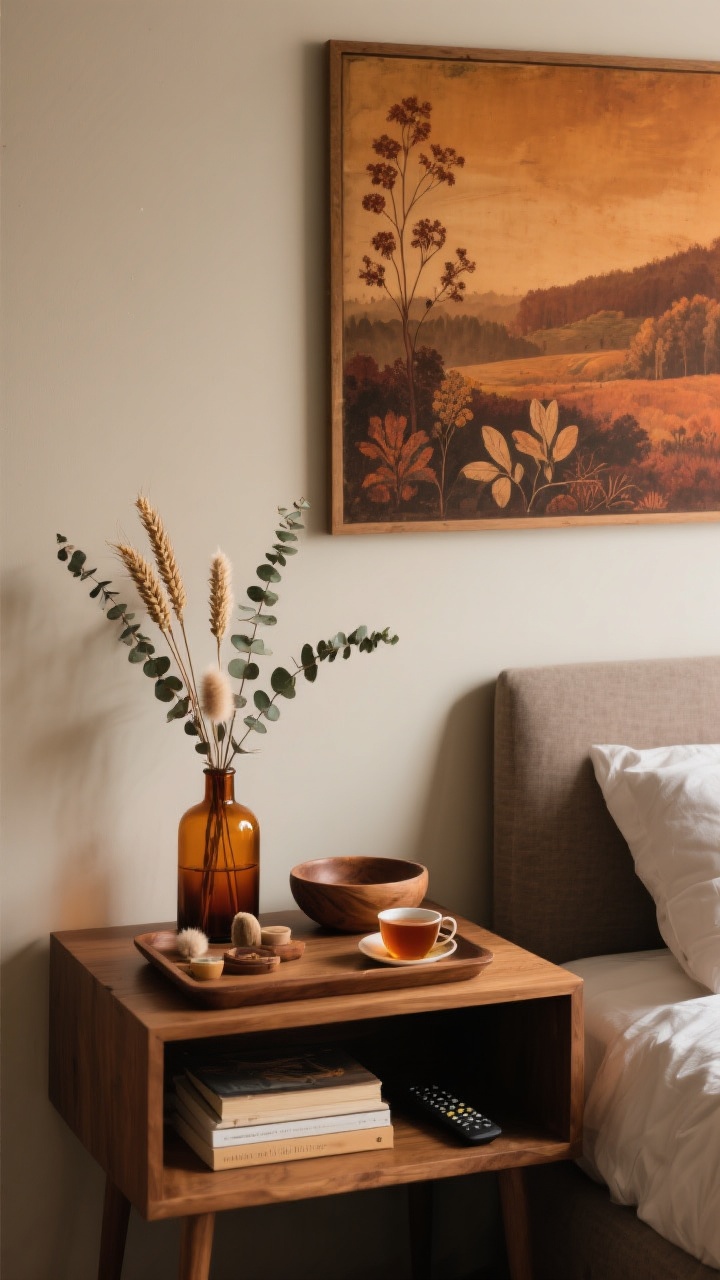 Straight-on medium shot of a chic autumn-styled nightstand and wall: moody landscape or vintage botanical art print in ochre and rust tones above, an amber glass vase with dried stems (eucalyptus, bunny tails, or wheat), a ceramic or wooden bowl corralling small essentials, and a low wood tray on the bed holding a cup of tea, a tidy book stack, and a remote; warm, diffused light to keep it elevated and not kitschy; minimal clutter; no people