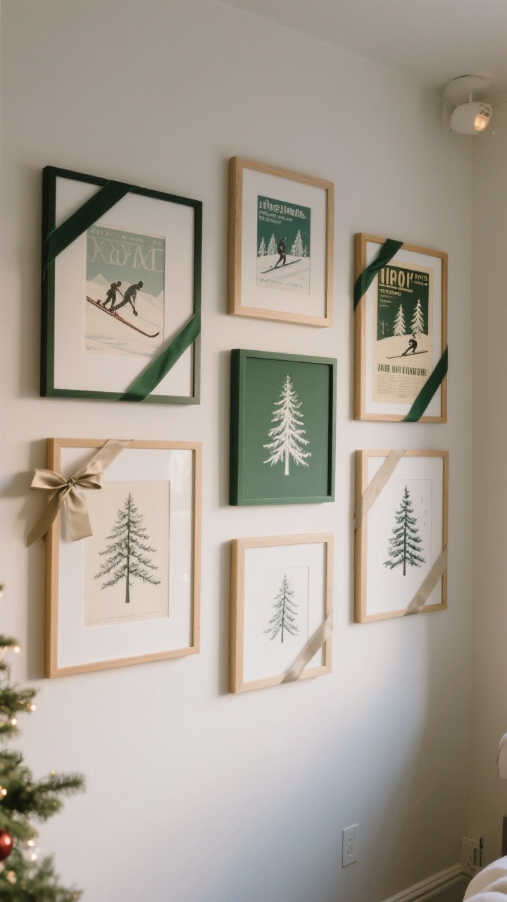 Straight-on medium shot of a compact holiday gallery wall: mixed sizes of frames featuring printable vintage ski posters and minimalist tree sketches in winter hues, with ribbon accents tied at select frame corners; keep to 2–3 cohesive colors (neutrals with deep green) for a refined, renter-friendly look; soft ambient lighting, no people, uncluttered surroundings.