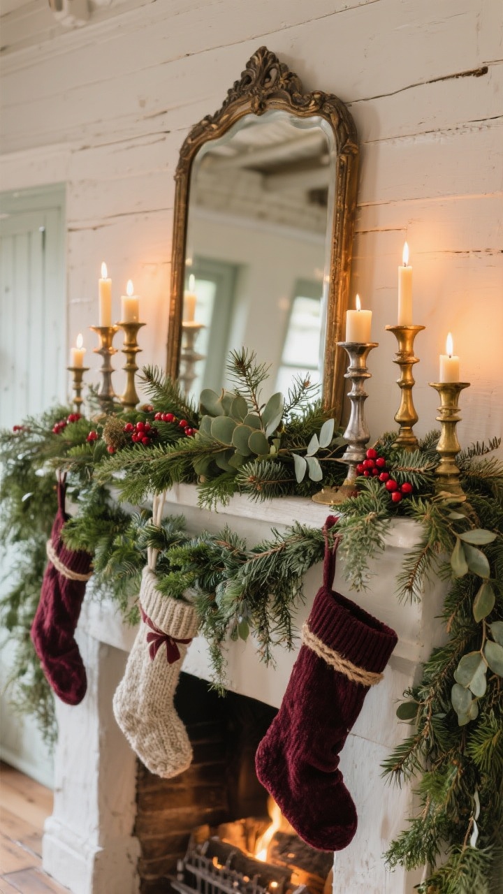 Straight-on medium shot of a cottage fireplace mantel dressed lush and low with casually draped greenery: cedar, eucalyptus, and pine with a few red berries tucked in. A base of faux garland layered with fresh sprigs for fullness and scent. A staggered set of brass and aged silver candlesticks with natural beeswax tapers lit, and knit stockings hung with velvet ribbon or twine. An antique-style mirror leaned behind to bounce candlelight. Warm, flickering glow, soft shadows, no people.