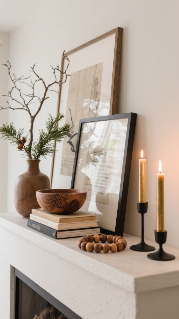 Straight-on medium shot of a curated mantel or media console: layered framed art leaning against the wall, a branchy vase with seasonal greenery, stacked books topped with a carved wooden bowl and a wood bead garland for texture, and a pair of taper candles in brass and matte black holders adding glow; minimal, modern, warm materials; candlelight and soft ambient illumination.