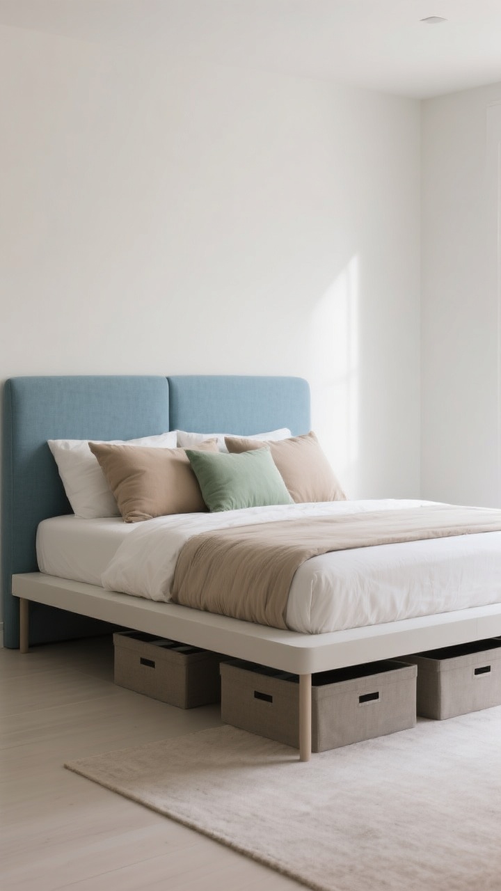 Straight-on medium shot of a low-profile platform bed with recessed legs creating a floating effect, no footboard, thin upholstered headboard in misty blue linen; flat lidded under-bed storage bins partially visible; layered pillows in soft taupes and gentle greens add softness without bulk; natural, even daylight and open sightlines that make the walls feel taller