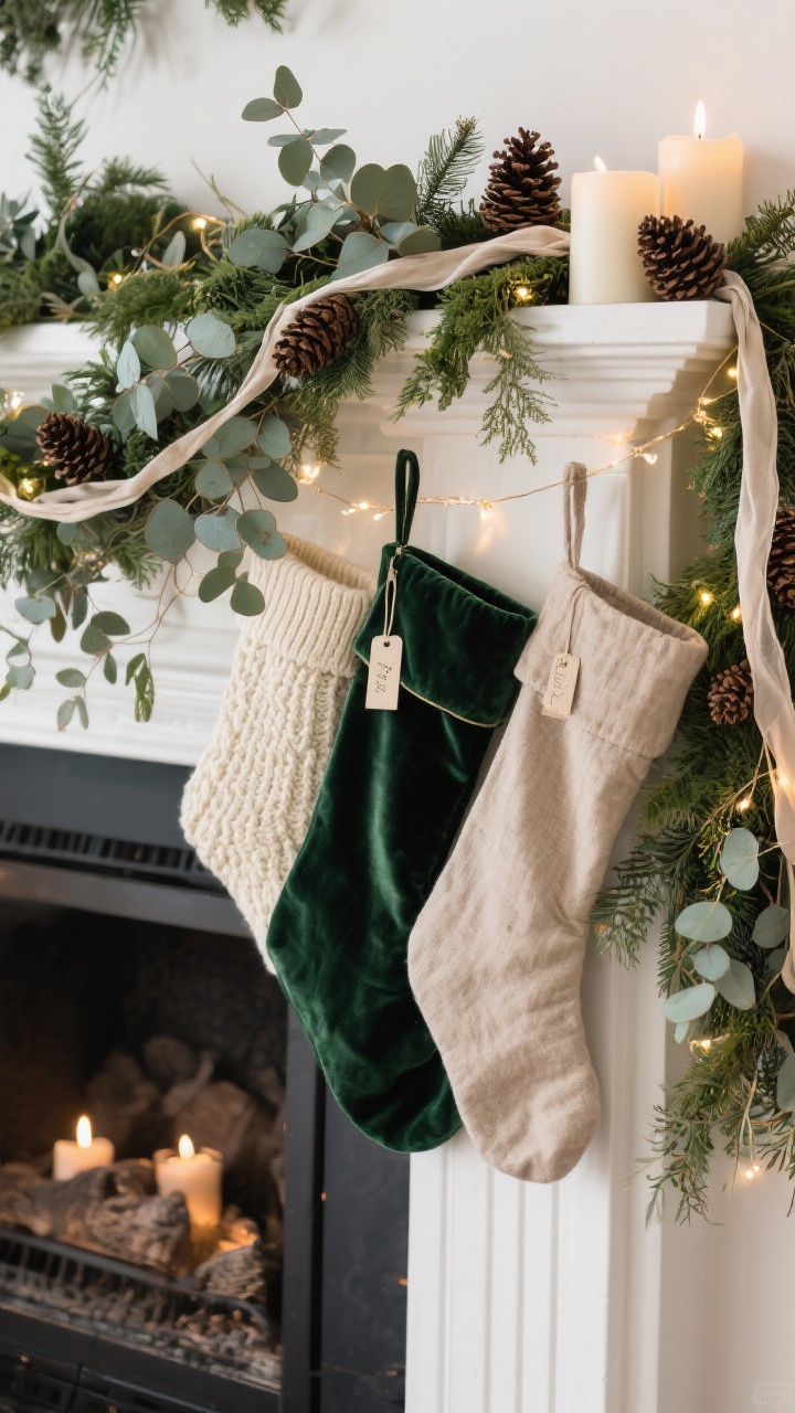 Straight-on medium shot of a magical mantel: lush layered faux greenery garland as a base, tucked with eucalyptus sprigs, pine cones, and flowing ribbon; asymmetrical drape with the garland hanging lower on one side; stockings in mixed materials—one chunky knit cream, one deep green velvet, one natural linen—each with small personalized tags; twinkle lights woven through the garland; candles on the hearth, photorealistic.