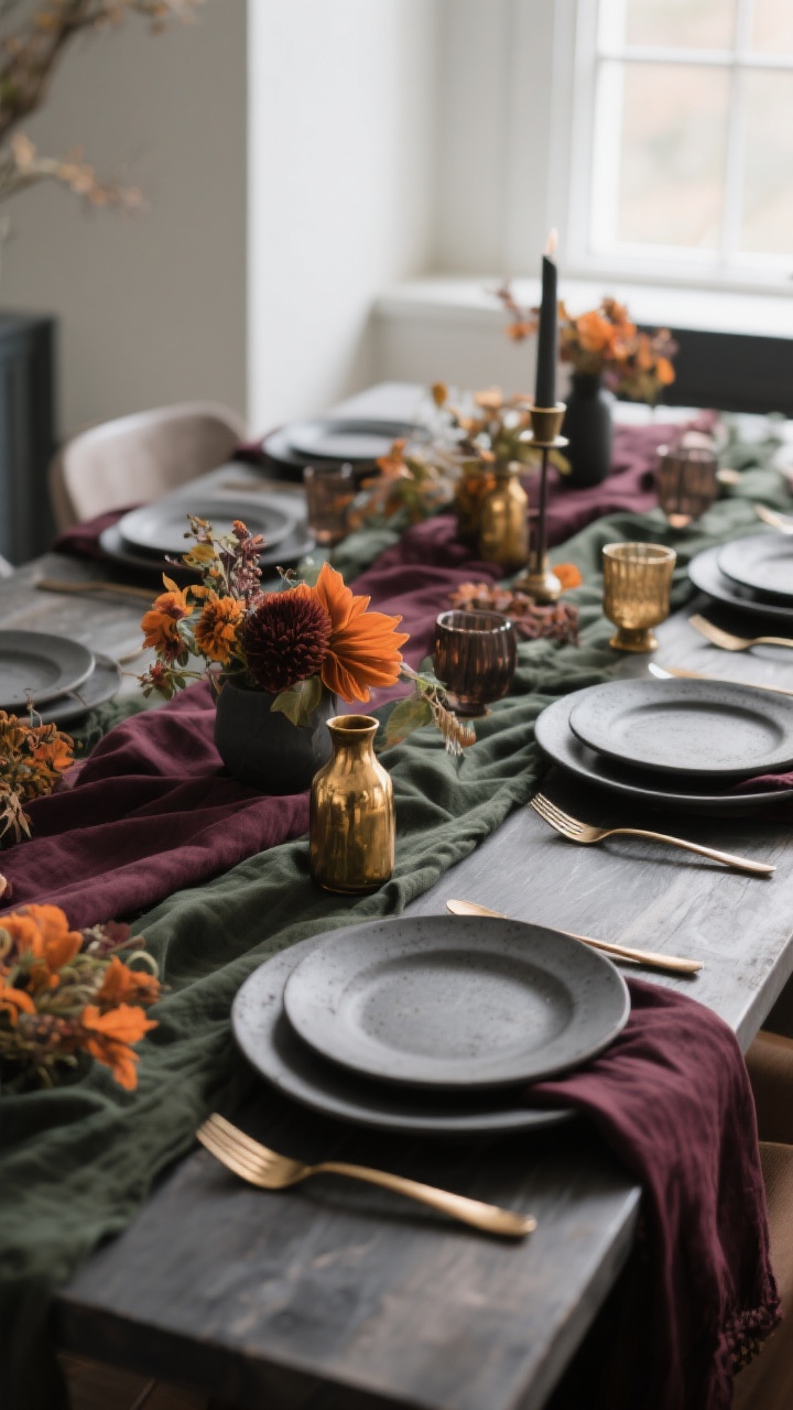 Straight-on medium shot of a refined fall tablescape using a moody palette: merlot and moss linen elements, ochre accents, and charcoal details; neutral matte stoneware plates anchor the setting; brushed brass flatware and antique gold touches in small vessels; florals and linens carry the color while the dinnerware remains subdued; soft, diffused window light; modern, elevated vibe.