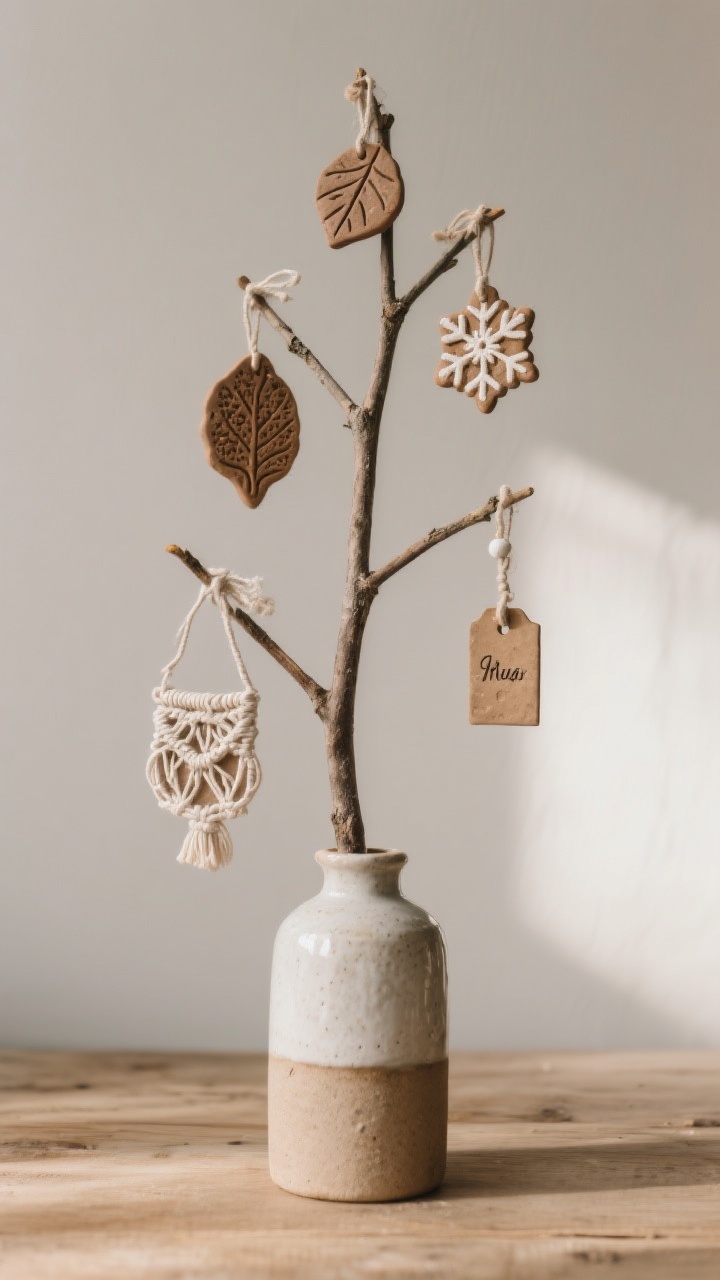 Straight-on medium shot of a simple DIY display: a tall branch set in a ceramic vase used as a hanging tree for handmade pieces—air-dry clay ornaments stamped with leaf and lace textures and tea-stained patina, small macramé snowflakes and mini hangings, and salt dough gift tags with hand-stamped names; neutral backdrop, natural wood surface, soft morning light enhancing the handcrafted, collected feel.