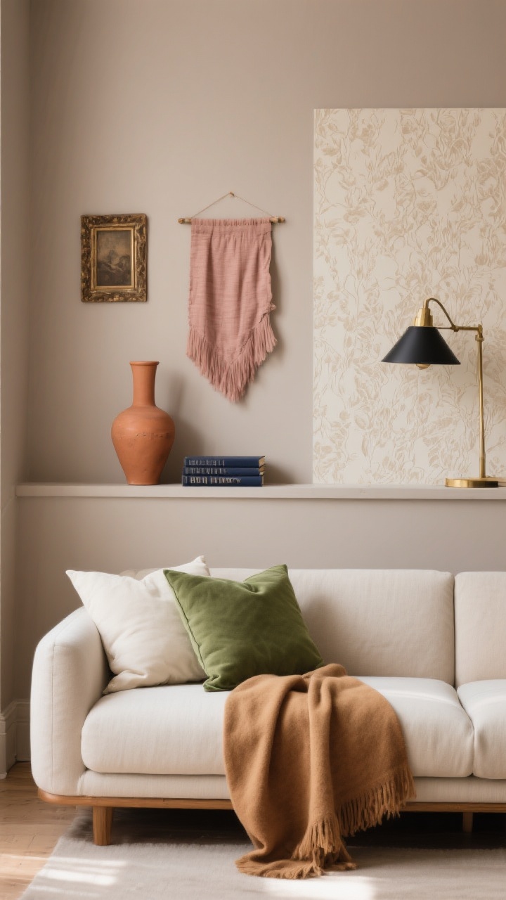 Straight-on medium shot of a styled wall and sofa: a warm neutral base in soft taupe walls, camel-toned throw, cream cushions; muted accent tones via moss green pillow, terracotta vase, dusty rose fabric wall hanging, and a muted navy book spine; aged brass picture frame and a matte black lamp for contrast; removable wallpaper panel behind the sofa with subtle texture; photorealistic, gentle afternoon light.