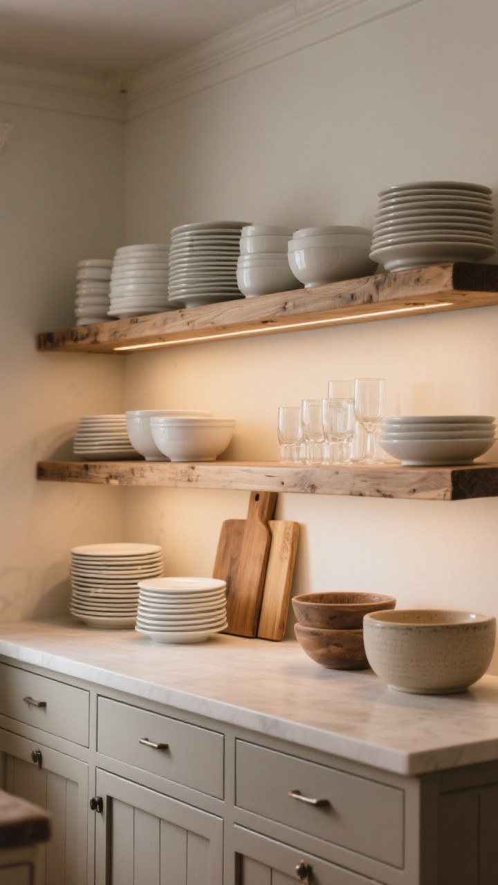 Straight-on medium shot of practical open shelving: two long natural oak shelves styled with daily-use white plates, clear glass tumblers, and ceramic mixing bowls, grouped by material for cohesion. Heights vary—stacks of plates, leaning boards, layered bowls—to avoid flat shelf syndrome. Under-shelf lighting adds a warm glow to the display, while closed cabinets below hide clutter. Neutral farmhouse palette with matte finishes; soft evening ambiance.