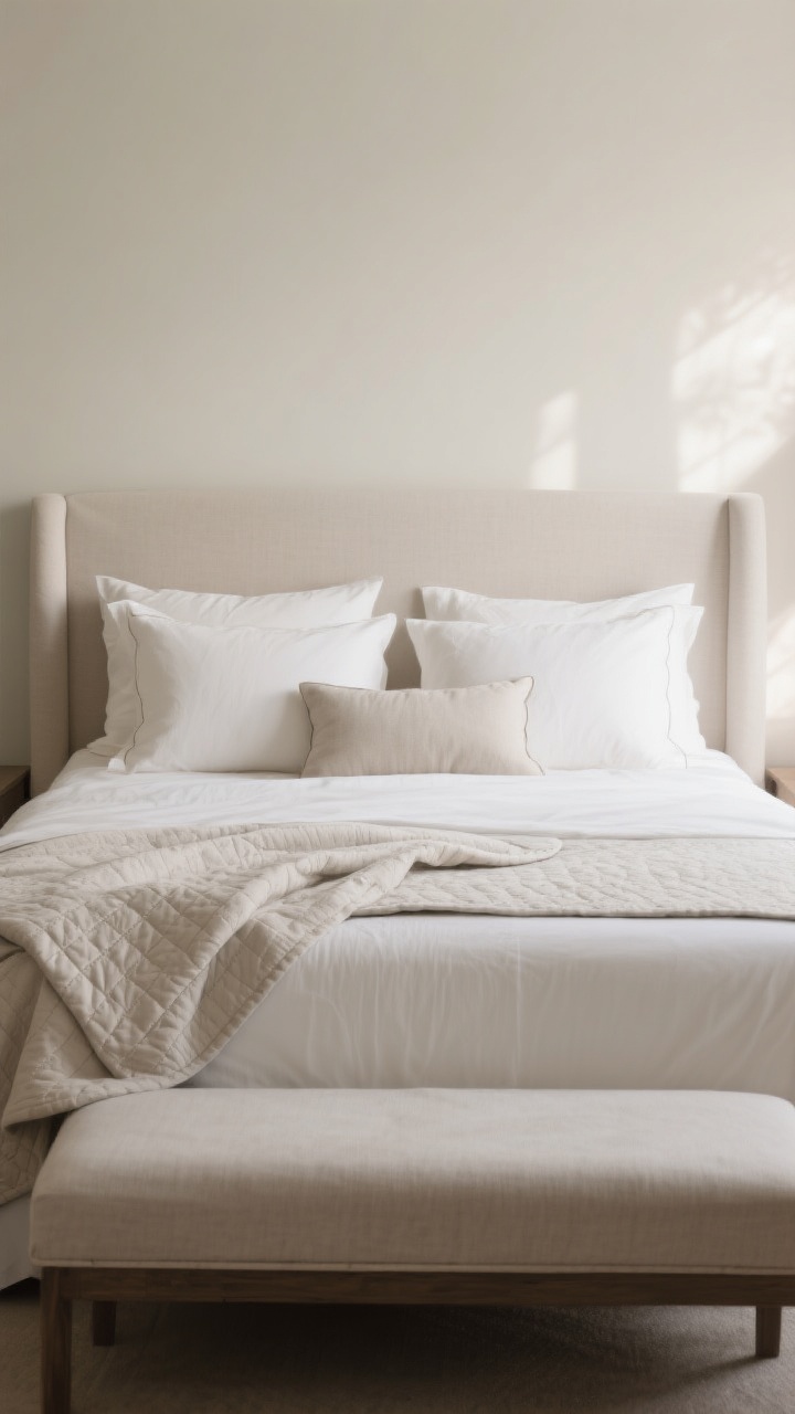 Straight-on medium shot of the bed: a calm, curated bedscape featuring the pillow formula—on a queen: 2 sleeping pillows, 2 euro pillows, and 1 lumbar; bedding has a crisp base with a folded quilt/coverlet at the foot for visual weight; an upholstered or slipcovered headboard adds softness; mix fabric finishes—linen duvet, percale sheets slightly visible at the cuff, and a matte quilt to balance any sateen sheen; everything laundered, fresh, and serene; gentle, warm natural light; photorealistic.
