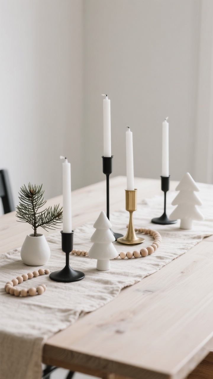Straight-on minimalist medium shot of a Nordic-inspired tablescape: a neutral oatmeal linen runner on a pale wood table; white taper candles in sleek black and brass holders arranged in a calm, linear composition with staggered heights; a few small matte-white ceramic trees and a strand of wooden beads for quiet interest; monochrome palette in whites, blacks, and soft taupe; optional single pine branch placed sparingly; soft, diffused daylight for a serene hygge mood.