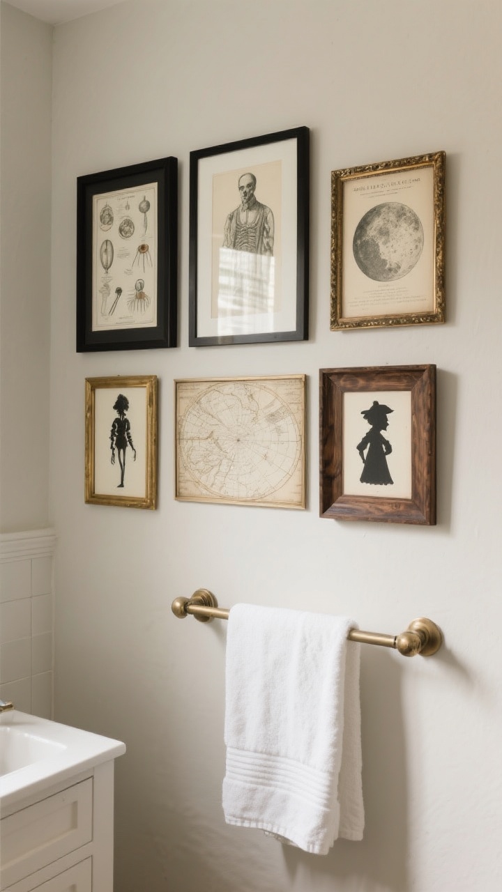 Straight-on view of framed ghastly art: a mini gallery wall above a towel bar featuring vintage medical illustrations, lunar maps, and Victorian silhouettes; frames in black, brass, and antique wood; crisp laser prints to resist bathroom steam; cohesive spacing and arrangement for intentional design; neutral wall color, soft even lighting preventing glare on glass.