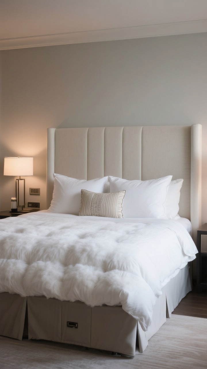 Straight-on wide shot: A “hotel” bed makeover—tall upholstered headboard slightly wider than the queen bed, crisp white cotton percale sheets, oversized fluffy duvet insert for a cloud effect, two sleeping pillows with 2 decorative pillows and one lumbar (not overcrowded), and a tailored bed skirt hiding under-bed storage; soft evening light, calm and luxe.