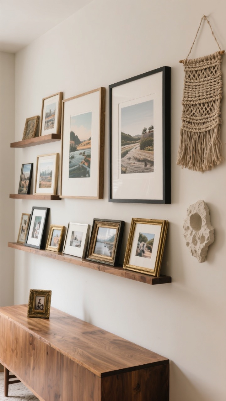 Straight-on wide shot of an art-forward wall: a gallery shelf (picture ledge) with leaned frames featuring travel prints and personal photos mixed with an oversized canvas on the adjacent wall; textured elements include a woven wall hanging and a small DIY plaster art piece; frames in aged brass and matte black; neutral walls, warm wood console below; balanced, collected-not-cluttered look; photorealistic.