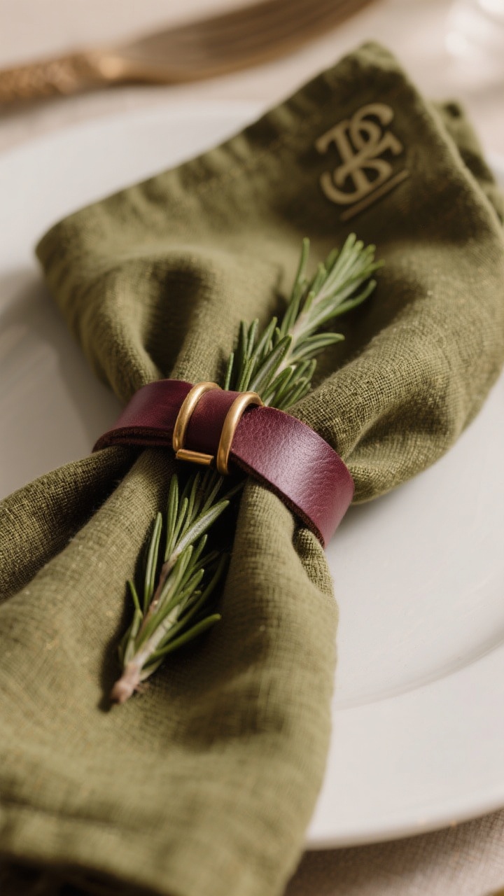 Tight closeup of napkin styling: a loosely knotted linen napkin in moss or merlot with a sprig of rosemary tucked into the knot; alternate shot includes leather or brass napkin rings for rustic-luxe flair; monogrammed corner subtly visible; pre-steamed napkins with soft folds; warm natural light highlighting texture; shallow depth of field.