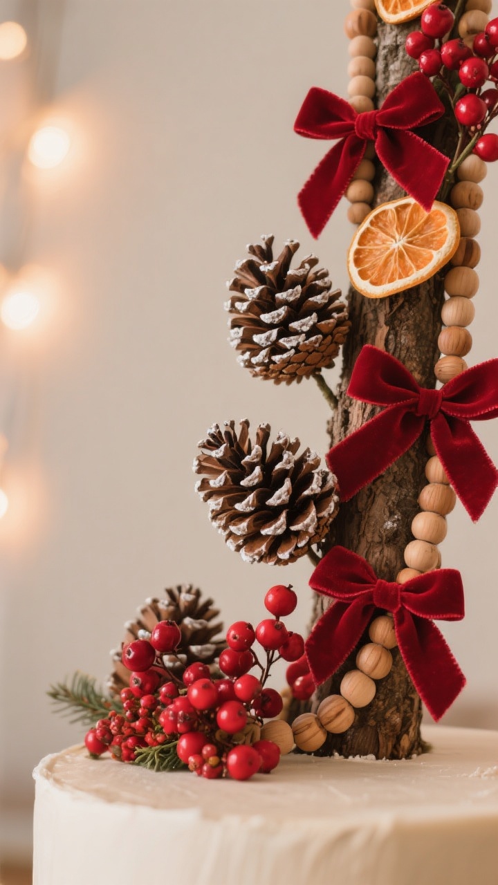 Tight detail shot, angled perspective, highlighting natural textures layered with red: clusters of red berry picks placed in odd numbers at dynamic angles, unpainted pinecones with lightly white-dusted tips, dried orange slices tied with thin red velvet ribbon, and a wood bead garland threaded sporadically with a thin red satin ribbon. Include a subtle cluster of floral picks near the base of a simple topper area to hint at focal-point layering. Warm ambient tree lighting adds cozy glow; emphasis on tactile materials (velvet, wood, citrus, berries, pine). Photorealistic, artisanal vibe without kitsch.