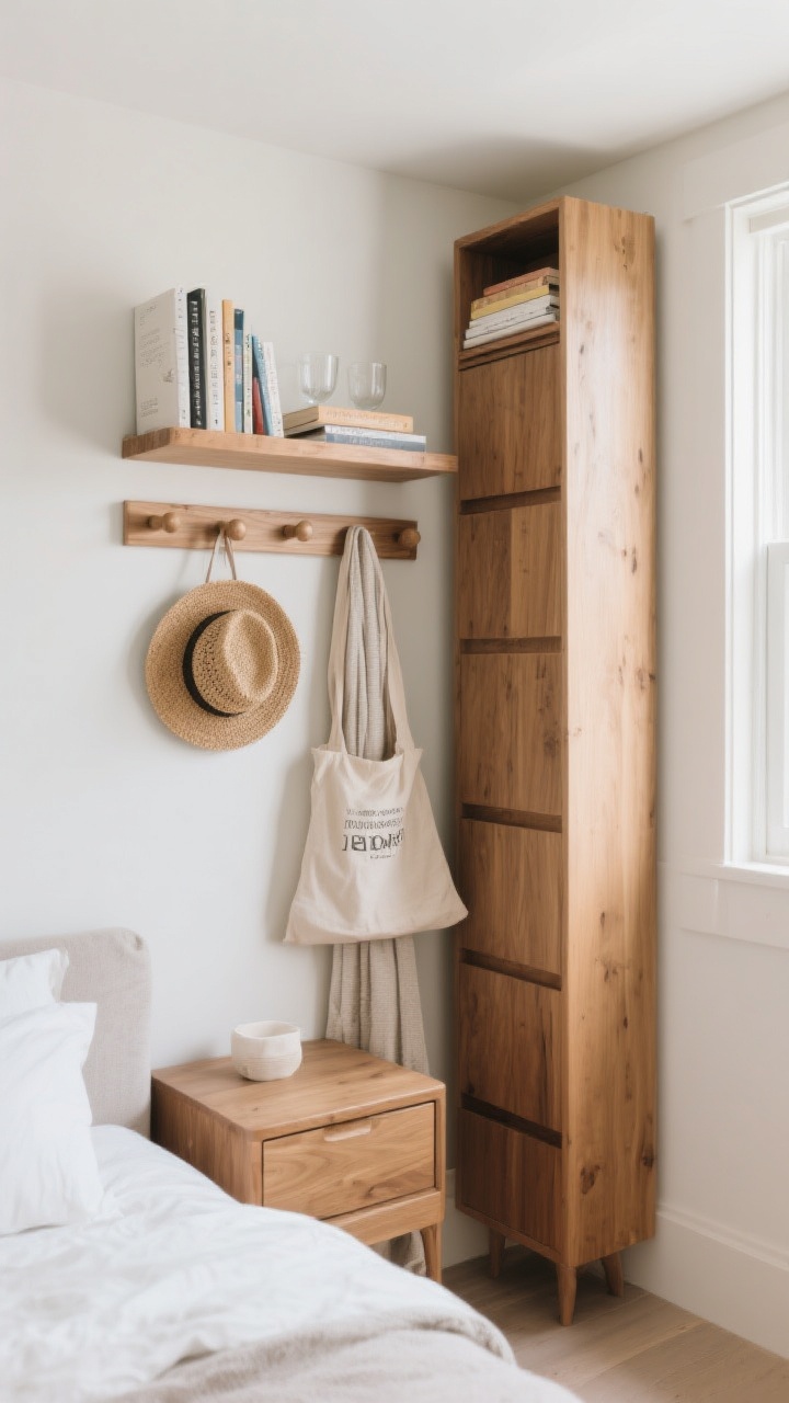 Wide-angle corner view of a small bedroom showcasing vertical storage: stacked floating wall shelves mounted above a narrow nightstand holding books and glasses; a natural wood peg rail with a linen robe, a straw hat, and a canvas tote; a tall, narrow dresser reaching toward the ceiling with a few inches of clearance at the top; soft daylight from a nearby window, airy and organized