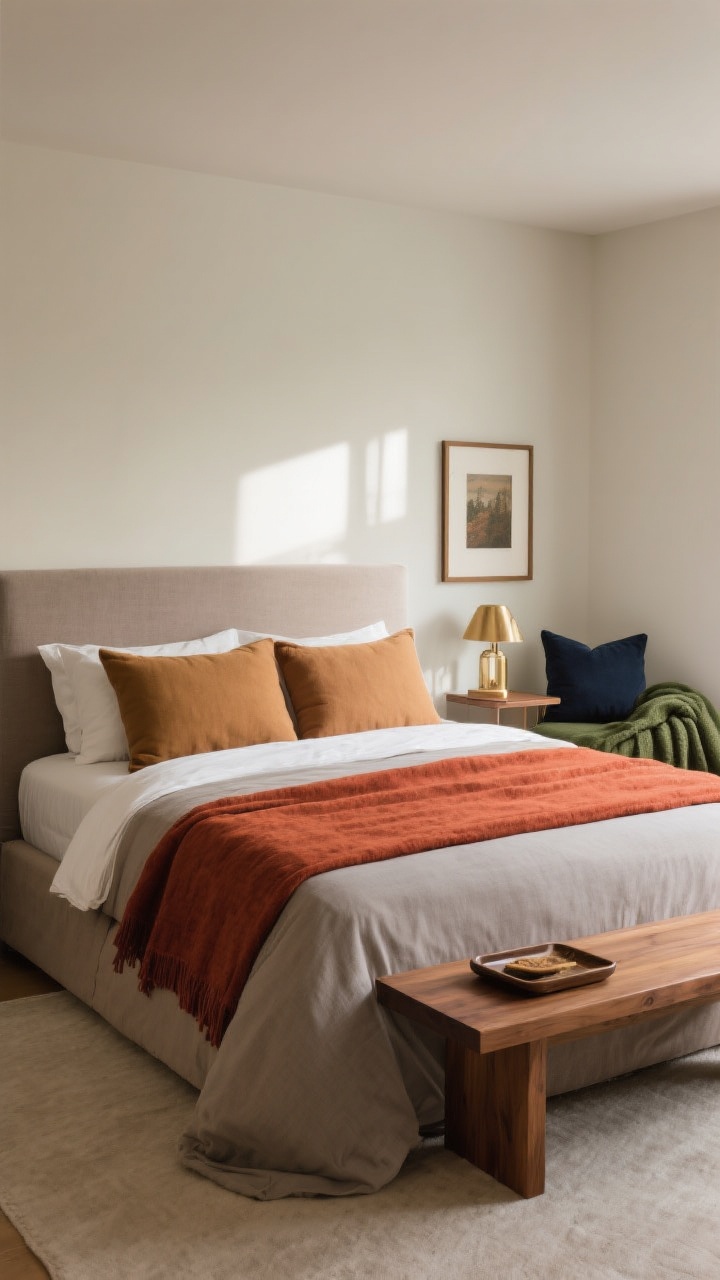 Wide bedroom shot showcasing an autumn palette: a calm base of warm neutrals (taupe, camel, oat, greige) with one bold accent in rust/terracotta textiles—think a rust bed runner and pillows—balanced by wood tones (walnut or oak bench and picture frame); optional moody contrast via forest green throw and deep navy cushion with subtle brass accents on a lamp or tray; natural afternoon light for a cozy yet refined atmosphere; clean, uncluttered styling; no people