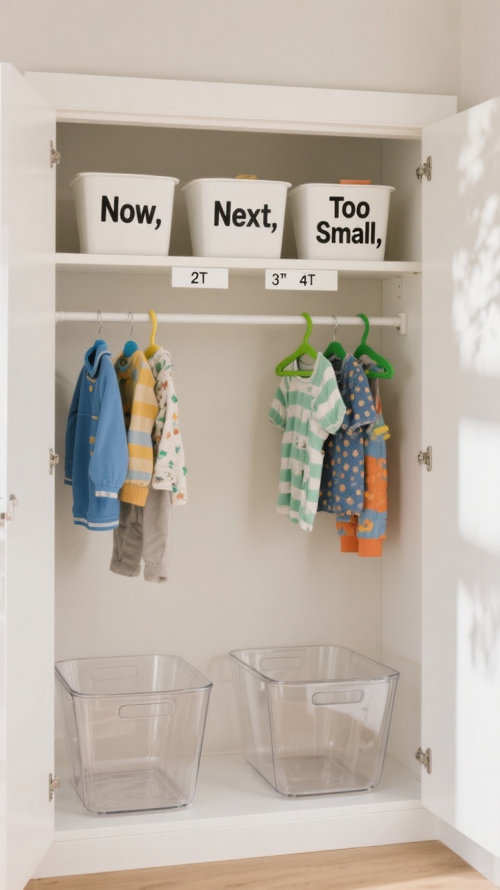 Wide closet scene focused on size sorting: open wardrobe with three clearly labeled bins on an upper shelf reading “Now,” “Next,” and “Too Small,” plus divider labels on the hanging rod marked 2T, 3T, 4T. Two kids’ zones differentiated by color-coded hangers (blue for one side, green for the other). Neutral walls, clear acrylic bin fronts, simple white shelving. Bright even daylight, eye-level straight-on view, photorealistic.