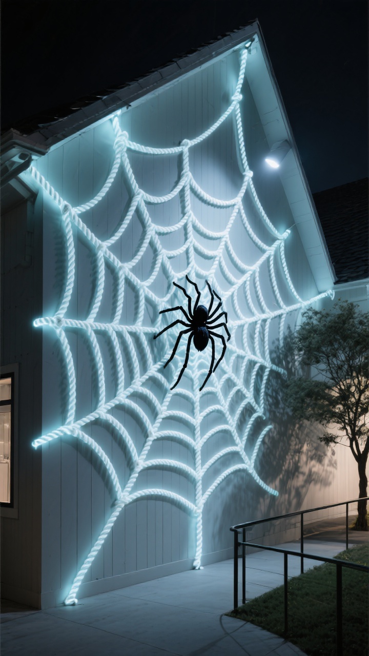 Wide corner-angle shot of a single giant “Cobweb Cathedral” hero web: thick white rope/twine forming bold radial lines anchored to roofline, railing, and a nearby tree, with thinner twine cross-threads completing an architectural spiderweb pattern; an oversized black spider placed off-center as if mid-sneak; a single low-angled spotlight casting dramatic shadows across siding; optional UV-reactive twine glowing under a blacklight flood, with the surrounding walkway kept clear for safety; crisp, intentional, graphic composition.