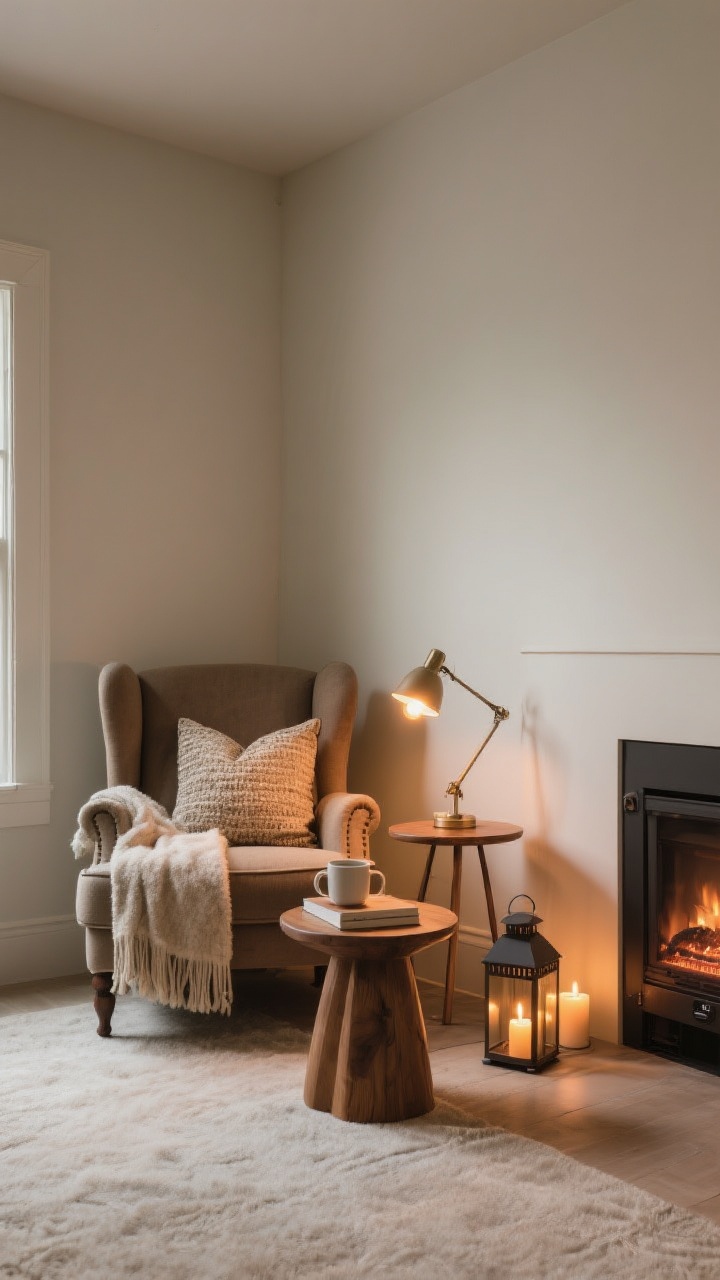 Wide corner shot of a fireside (or faux-side) nook: a comfy wingback chair with a textured pillow and plush throw, a round wood side table sized for a mug, candle, and book, a task lamp with a warm bulb casting a focused glow, and a compact electric fireplace or lanterns with candles providing flicker; intimate, inviting composition with layered warmth.
