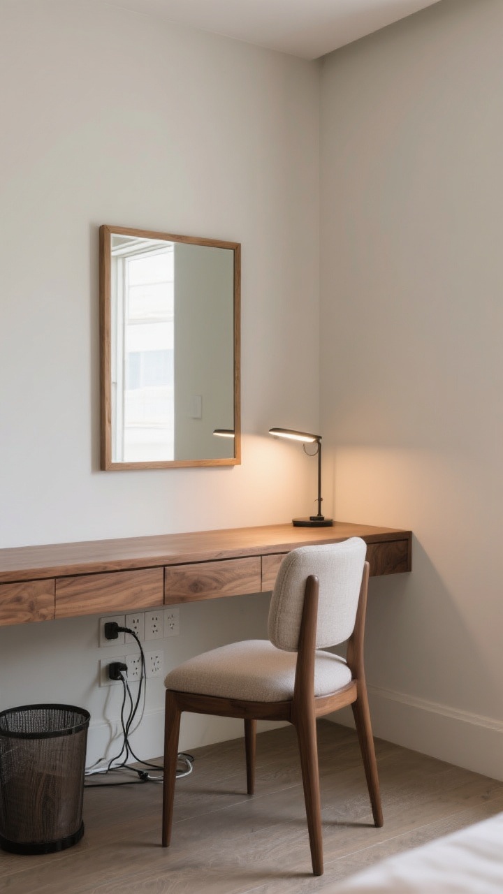 Wide corner shot of a multipurpose desk/vanity: a narrow wood console table with a cushioned, comfortable chair, a framed mirror above, and a focused task light illuminating the surface; power strip tucked underneath with neatly routed cords; small wastebasket beside the setup; neutral room with functional elegance; balanced natural and task lighting suitable for work or getting ready.