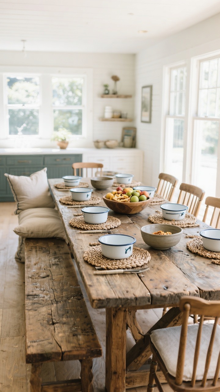 Wide dining area: long reclaimed wood plank table with a forgiving patina, mixed seating including a side bench and spindle or wishbone chairs, outdoor-performance-fabric cushions in neutral tones; tabletop set casually with enamelware, stoneware bowls, woven placemats, and a large fruit/snack bowl overflowing; bright, convivial daytime light from nearby windows, straight-on view capturing the whole scene.