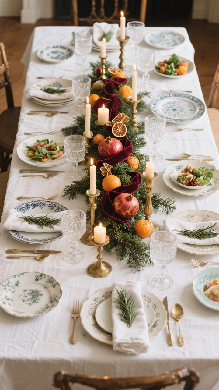 Wide dining table scene, overhead three-quarter angle: white linen tablecloth; mismatched vintage china layered with chargers, dinner and salad plates; etched glassware; assorted brass candlesticks in varying heights; a low centerpiece under 8 inches of evergreens, dried oranges, and pomegranates woven with velvet ribbon; rosemary sprigs on folded napkins; warm candlelight for a luxe, collected feel; photorealistic.