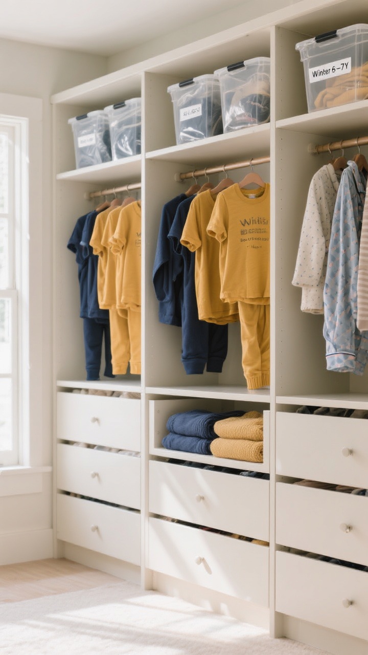 Wide dresser-and-closet composition showcasing a seasonal capsule: neatly arranged capsule wardrobe in a cohesive palette of neutrals with two accent colors (e.g., soft navy and mustard)—8 tees, 6 leggings/shorts, 3 pajamas, 2 sweaters visible; extras stored away. Clear bins and vacuum bags labeled “Winter 6–7Y” on a top shelf. Minimalist styling, airy daylight, uncluttered drawers without off-season items, photorealistic.