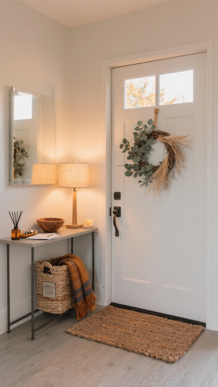 Wide entryway shot: A welcoming foyer featuring a coir doormat, a minimal eucalyptus-and-dried-grasses wreath on the door, and a slim console table. On the console: a small lamp with a warm bulb, a wooden bowl for keys, a tray for mail, and a lidded basket tucked below for scarves. Add a subtle fall scent element (amber/cedar/cardamom diffuser or candle) near the door. Clean, functional styling with restrained decor; warm, soft lamp glow in early evening light; straight-on perspective.