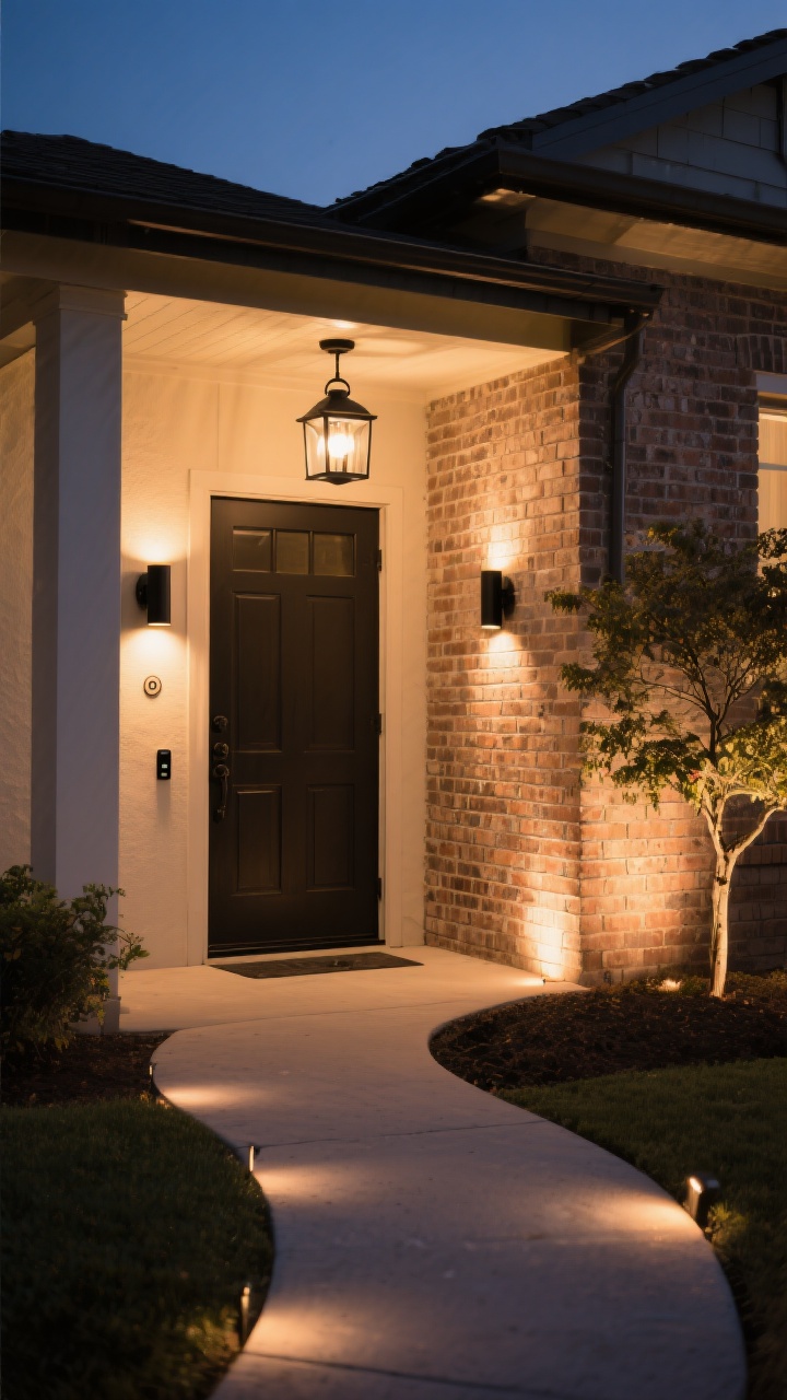 Wide evening exterior capturing layered warm lighting (2700K–3000K): low path lights guiding a curved walkway, scaled black metal sconces flanking a front door (about 1/3 door height), a lantern pendant replacing a flush “boob” light on the porch ceiling, and soft low-voltage uplights grazing brick and a small tree to highlight texture; include smart dusk-to-dawn sensors visible on one fixture; overall glow without harsh hotspots, boutique-hotel ambiance, no people.
