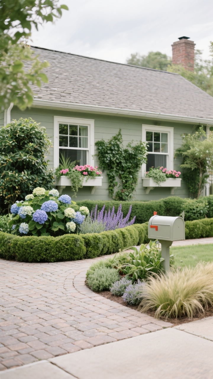 Wide front-of-house landscaping shot highlighting four-season greenery: curved foundation beds mixing evergreen boxwood and holly with hydrangea and lavender accents, window boxes under two windows with trailing ivy, geraniums, and herbs, thyme softening gaps between pavers along the driveway, and a neat border of ornamental grasses; fresh, slightly overcast daylight to saturate greens; tidy mailbox bed also planted; cozy cottage curb appeal, no people.