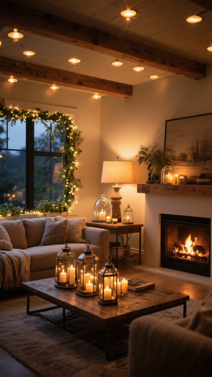 Wide living room shot emphasizing cozy lighting: overhead lights dimmed, multiple small pools of warm glow (2700K). Micro fairy lights woven through greenery on a window frame and inside a glass cloche on a side table; table lamps with warm bulbs on dimmers; a cluster of battery candles in metal-and-glass lanterns near the hearth and on the coffee table. The scene reads golden-hour after dark, with gentle highlights on wood and textiles, no harsh lighting.