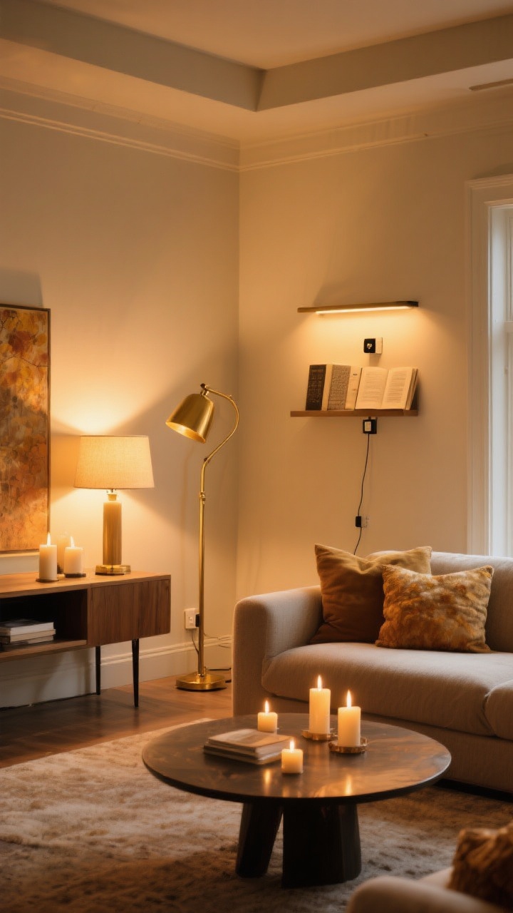 Wide living room shot emphasizing layered lighting: a warm 2700K glow from a table lamp on a console, a brass floor lamp in a corner, several candles adding sparkle; a plug-in sconce over a reading nook. Smart plugs implied by synchronized lighting. Cozy, flattering golden light that softens textures and highlights fall tones without harsh overheads.